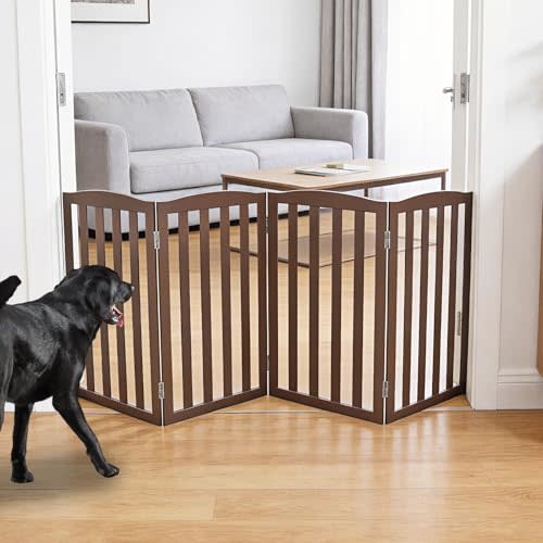 ZJSF Foldable Freestanding Indoor Dog Gate for House Wood White Long Pet Gates Dog Fence for Stairs Puppy Gates for Hallways, Puppy Gate,Support Feet Included, Brown, 24 "Height-4 Panels
