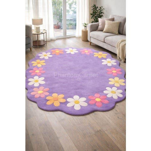Purple Daisy Area Rug, Floral Scalloped Carpet, Nursery & Kids Room Home Decor Gift