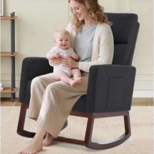 Rocking Chair Nursery, Modern Upholstered Glider Rocker Chairs with Wood Legs and Side Pockets Comfy High Back Nursing Armchair Black
