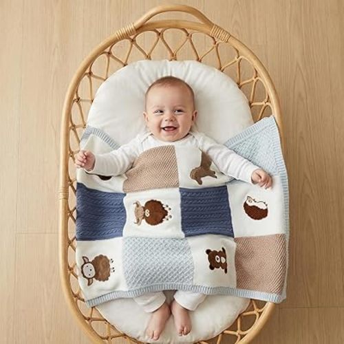 Baby Blanket, Soft Baby Blankets for Newborns, Baby Blankets Neutral with 3D Animal Embroidery, Cotton Baby Blanket Boy with Fleece Backing, 30x40 Nursery Swaddle Blanket
