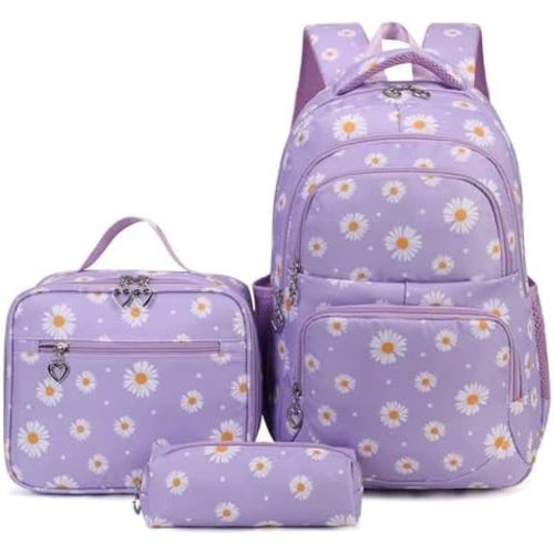 goldwheat Daisy Printed Backpacks With Lunch Pack Pencil Case 3pcs, Lightweight Waterproof Bookbag For Middle School