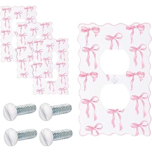 4 Pcs Pink Bow Duplex Outlet Covers Wall Plate Room Decor Metal Cute Decorative Outlet Cover for Bedroom Home Decor(Scalloped)