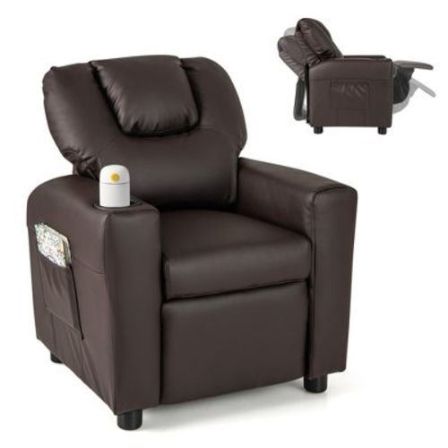 Costway Kids Recliner Chair with Cup Holder & Side Pocket Adjustable Backrest Footrest Beige/Black/Pink/Brown
