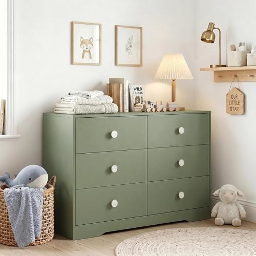 Baby Dresser for Bedroom, Modern 6 Drawer Dresser for Nursery, Kids Dresser with Solid Wood Legs, Large Closet Dresser for Clothes, Chest of Drawers, Green