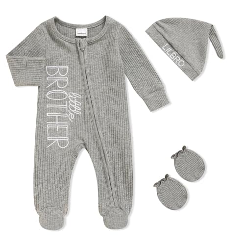 TITKKOP Newborn Baby Boy Fall Winter Outfits Zippered Romper Letter Embroidered Coming Home Jumpsuit with Hat Mittens