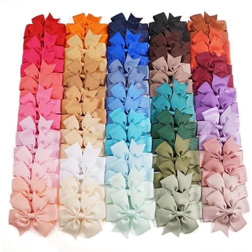 CÉLLOT 70pcs 3 Inch Boutique Grosgrain Ribbon Pinwheel Hair Bows,Toddler Bows Hair Clips for Baby Girls Birthday Gifts In Pair