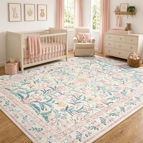 Wonnitar Floral Large Rugs for Living Room, Soft Light Pink Rug Washable 9x12 Carpet Non Slip, Boho Foldable Non-Shedding Kids Carpet for Bedroom Girls Nursery Dorm Playroom