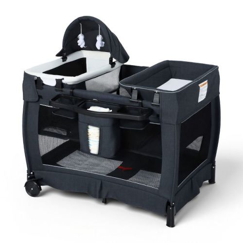 TODECARE 4-in-1 Baby Bassinet & Pack and Play with Bedside Sleeper and Diaper Changer, Portable Crib with Mattress & Mosquito Net, Dark Gray