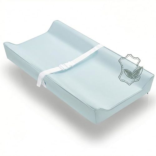 Vegan Leather Contoured Baby Changing Pad | Waterproof & Wipe-Clean PU Leather Diaper Change Mat, Soft, Wipeable Cover, Safety Strap, Non-Slip Bottom, Topper for Standard Infant Diaper Table & Dresser