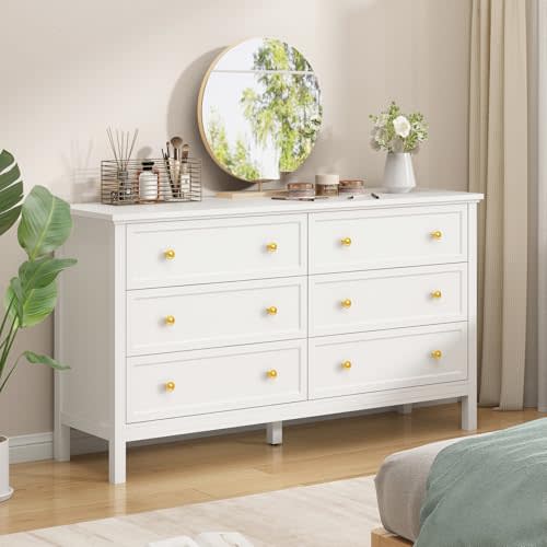 CARPETNAL White Dresser for Bedroom, 55 Inch 6 Drawer Dresser with Wide Drawer and Gold Handles, Woode Dressers & Chests of Drawers for Hallway, Entryway.
