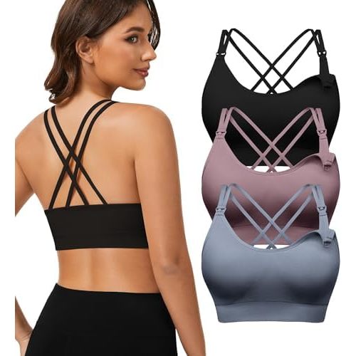 Angelhood Nursing Bras for Breastfeeding, Criss-Cross Back Nursing Sports Bra, Low Impac Support Yoga Maternity Bras