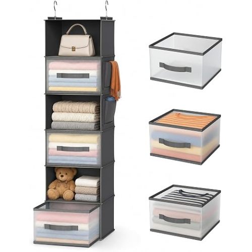 6-Shelf Hanging Closet Organizer with 3 Drawers & Side Pockets, Gray