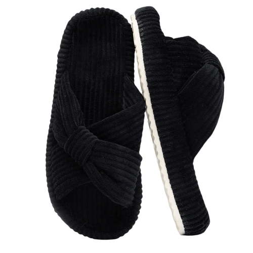 BERANMEY Womens Corduroy Memory Foam Slippers Open Toe Slip-On Slippers for Womens with Cushioned Thick Sole Crossband Soft House Slippers & Bedroom Shoes