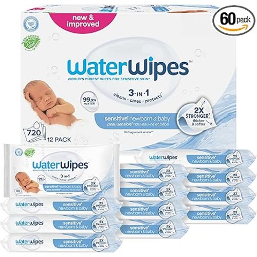 WaterWipes Sensitive+ Newborn & Baby Wipes, 3-In-1 Cleans, Cares, Protects, 99.9% Water, Unscented & Hypoallergenic, 720 Count (12 Packs)