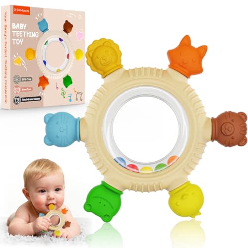 Baby Teething Toys for 3-6 6-12 Months, BPA Free Silicone Teething Rings Toys, Baby Teether Relief Chew Toy with Rattle, Sensory Toy for Infant Newborn, Babies Essential for Boys Girls 0-24 Months