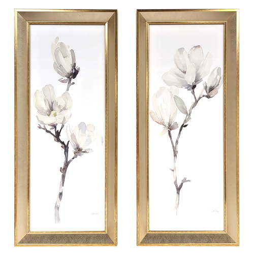 Harbortown Magnolia Glass Wall Art Set, 9x24 Inch, White Etched Print, Modern Farmhouse Decor, 2 Pieces