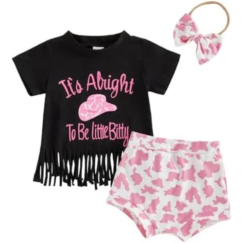 Western Baby Girl Clothes Summer Short Sleeve Letter Tassel T Shirt Romper Bloomer Shorts Set Infant Country Outfit