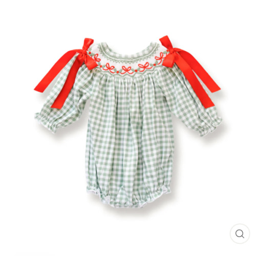 Green Gingham Christmas Smocked Bubble