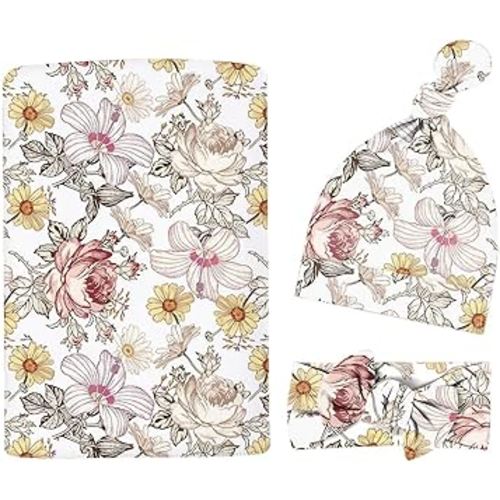 Newborn Swaddle Set with Matching Headband Hat and Bow Set Floral Baby Girl Newborn Receiving Blankets Baby Swaddle Nursery Wildflower Baby Blanket