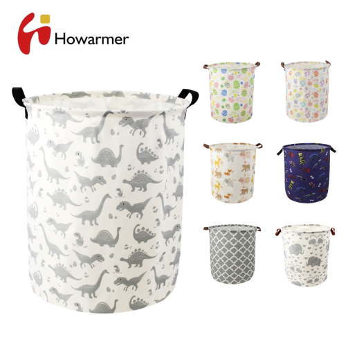 Howarmer Collapsible Laundry Baskets, Nursery Laundry Basket, Canvas Fabric Blanket Basket Waterproof with Leather Handle, Baby Laundry Basket, Baby Dirty Clothes Basket Dorm (19.7", Gray Dinosaur)