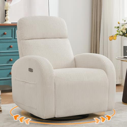 AEMEIOS Power Nursery Glider Recliner, Swivel Glider Recliner with USB & Type-C Port, Swivel Reclining Nursery Rocker with Double Pockets for Living Room, White,Corduroy