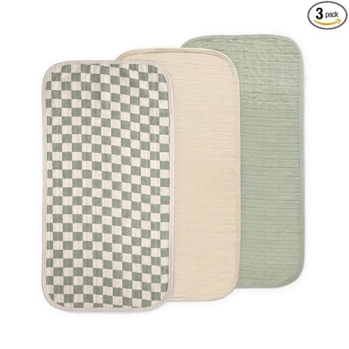 mushie Water Repellent Changing Pad Liners | Made with Organic Cotton | Set of 3 (Olive Check Combo)