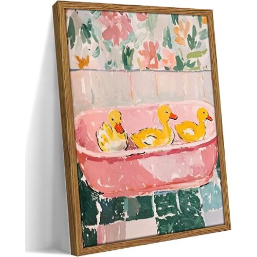Framed Funny Duck Bathroom Wall Art, Pink Bathtub Duck Picture Wall Decor Painting, Cute Whimsical Animal Canvas Prints Dopamine Decor for Kids Bathroom Nursery Laundry Room-12x16 Inch