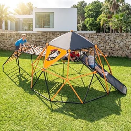 Jumpfly 13FT Climbing Dome with Slide, Hammock & Basketball Hoop, Jungle Gym for Kids Outdoor Backyard Playground, Anti-Rust Steel Geometric Climber Playset, Easy Assembly Tools Included