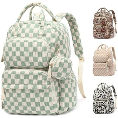 Diaper Bag Backpack for Moms, Corduroy Baby Bag, Checkered Matcha Green