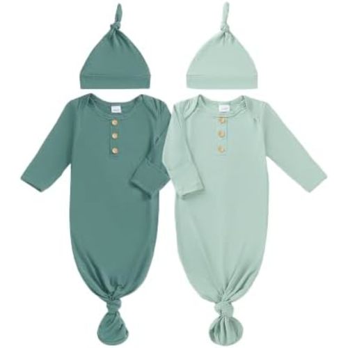 AMAWMW 2 Pack Newborn Baby Girl Boy Sleeper Gown Knotted Nightgown with Mittens Pajamas Set Infant Gifts Essential Outfit