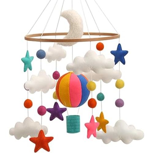 Hot Air Balloon Mobile for Crib - A Gender Neutral Baby Mobile with Clouds and Stars in high Contrast Colors to Work with hot air Balloon Nursery Decor