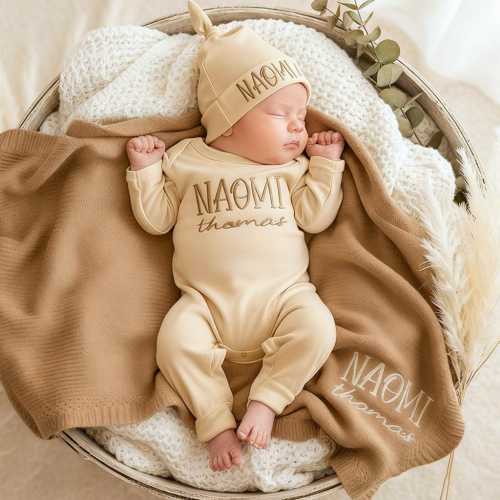 Personalized Baby Outfit Set with Cotton Knit Blanket, Baby Romper Set with Matching Hat, Baby Bodysuit Set Newborn Gift Baby Shower Gift