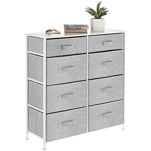 mDesign Storage Dresser Furniture, Tall Chest Tower Organizer for Bedroom, Hallway, Entryway, Kid Room, Nursery and Closet Organization, 8 Fabric Drawer for Clothes, Sturdy Steel Frame - Gray/White
