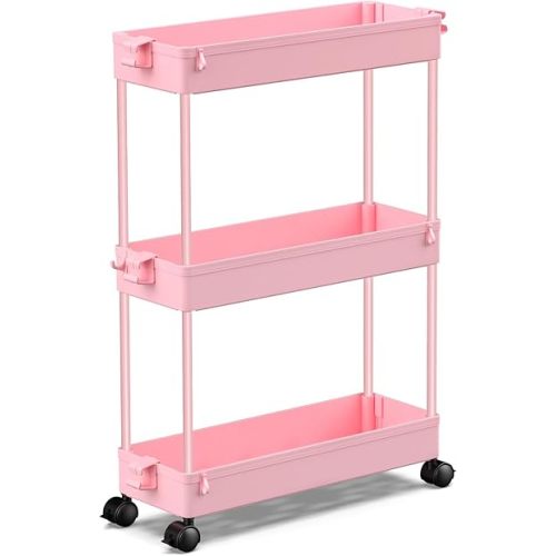 SPACEKEEPER Slim Rolling Storage Cart, 3 Tier Bathroom Organizer Utility Cart Laundry Room Organization Mobile Shelving Unit for Kitchen, Bathroom, Office, Bedroom, Narrow Places, Pink