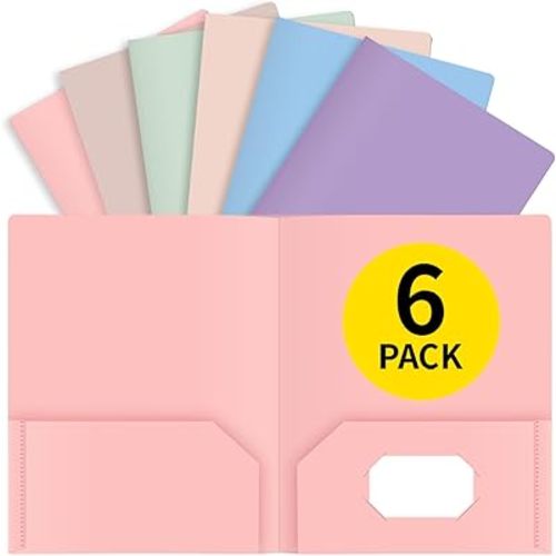 Plastic Folders with Pockets - Pastel Folders, 6 Pack, Durable 2 Pocket File Folders with Business Card Slot, Letter Size for School, Office, Home