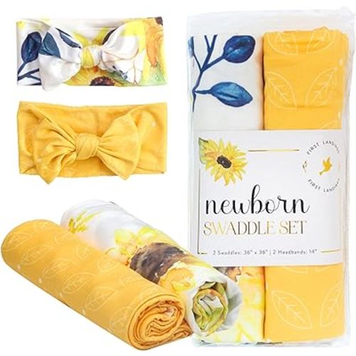 First Landings Newborn Swaddle Set - Baby Swaddles and Matching Headbands for Boys and Girls - Baby Blanket for Newborn Photography, Nursing Covers, Burp Cloths - Sunflower, 36" x 36" (Set of 2 Each)