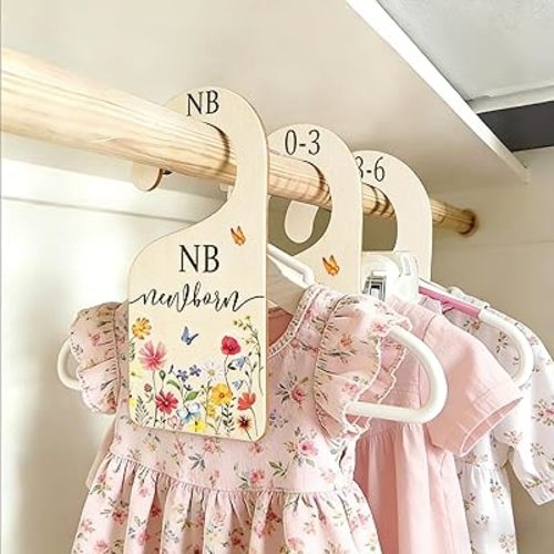 AnyDesign 8 Pcs Wildflower Wood Baby Closet Dividers Newborn to 24 Months Baby Wardrobe Organizer Spring Vintage Floral Hanging Closet Organizer for Home Nursery Birthday Decor