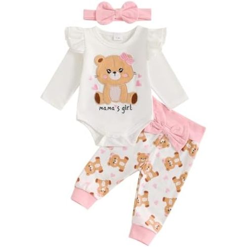 Newborn Infant Baby Girl Outfits Ruffle Bear Long Sleeve Romper Bodysuit Tops Pants Set Cute Fall Winter Clothes