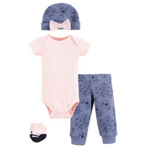 Hudson Baby Girls Thermal Preemie Layette Set 4pc Short Sleeve Outfit, Navy Toile, Preemie