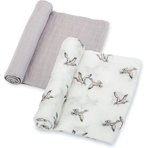 LollyBanks Muslin Swaddle Blankets 2PACK, 100% Cotton Baby Blanket 47 x 47 Inches, Large Baby Swaddle Breathable, Muslin Blankets for Boys and Girls (Mallard Duck and Grey)