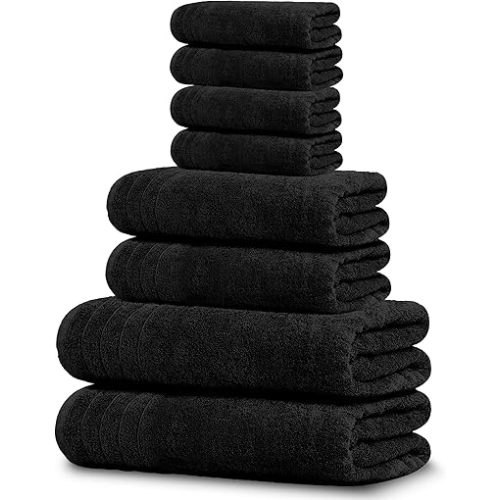 Tens Towels Pack of 8 Towels Set, 2 Extra Large Bath, 2 Hand, 4 Washcloths, 100% Cotton, Lighter Weight, Quicker to Dry, Super Absorbent, Perfect for Bathroom, Black