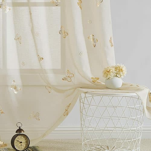 Jubilantex Butterfly Sheer Curtain Panels for Girls Nursery Bedroom, Toddler Gold Print Linen Textured Voile Farmhouse Rod Pocket Window Drapes 95 Inch for Kids Room, 2 Panels, Ivory/Beige