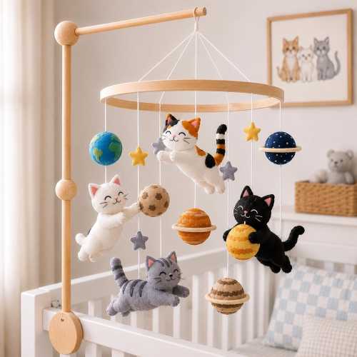 Custom Felt Space Cat Baby Mobile, Rocket Planet Crib Mobile, Outer Space Nursery Decor, Baby Shower Gift