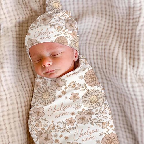 Personalized Neutral Wildflower Baby Girl Swaddle Blanket/Soft Boho Colors Sunflower Name Blanket/Baby Shower Gift/Newborn Keepsake