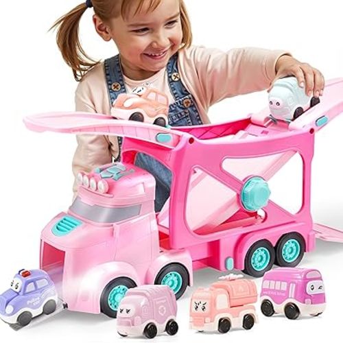Extra Large Toy Trucks for Toddlers, 3-Layer Princess Pink Trucks for 2 3 4 Year Old Girls, 7-in-1 Big Transport Vehicle Carrier Truck with Siren & Lights and 6 Toy Cars, Birthday Gifts for Girls Kids