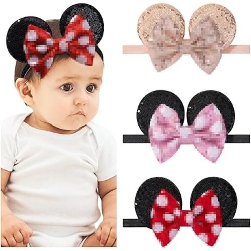 choicbaby 3 PCS Round Ears Hair Clips Sequin Bow Nylon Hairband with Polka Dot Cute Baby Ears Headbands Soft Hairbands Hair Accessories for Newborn Infant Toddler Party Supplies