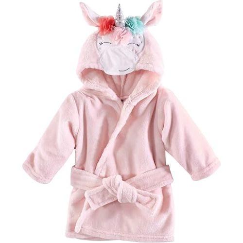 Hudson Baby Unisex Baby Plush Animal Face Bathrobe, Blue Whimsical Unicorn, 0-9 Months