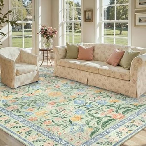 Lahome Sylvie Machine Washable Area Rugs 8x10 Non Slip, Soft Boho Living Room Rugs, Ultra-Thin Vintage Cottage Throw Carpet for Home Office Dinning Room Kids Playroom, Green/Multi