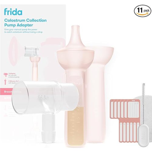 Frida Mom Colostrum Pump Adapter, Connects to Frida Manual Breast Pump to Catch Colostrum, Includes Adapter, 2 Colostrum Collectors, 6 Labels, Cleaning Brush & Cloth, Safe Materials, 11pc kit