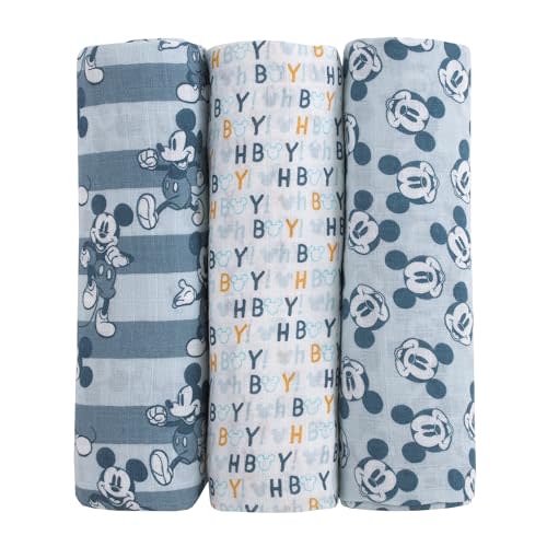 Disney Mickey Mouse Gray, Charcoal, and White 3 Piece Muslin Swaddle Baby Blanket Set
